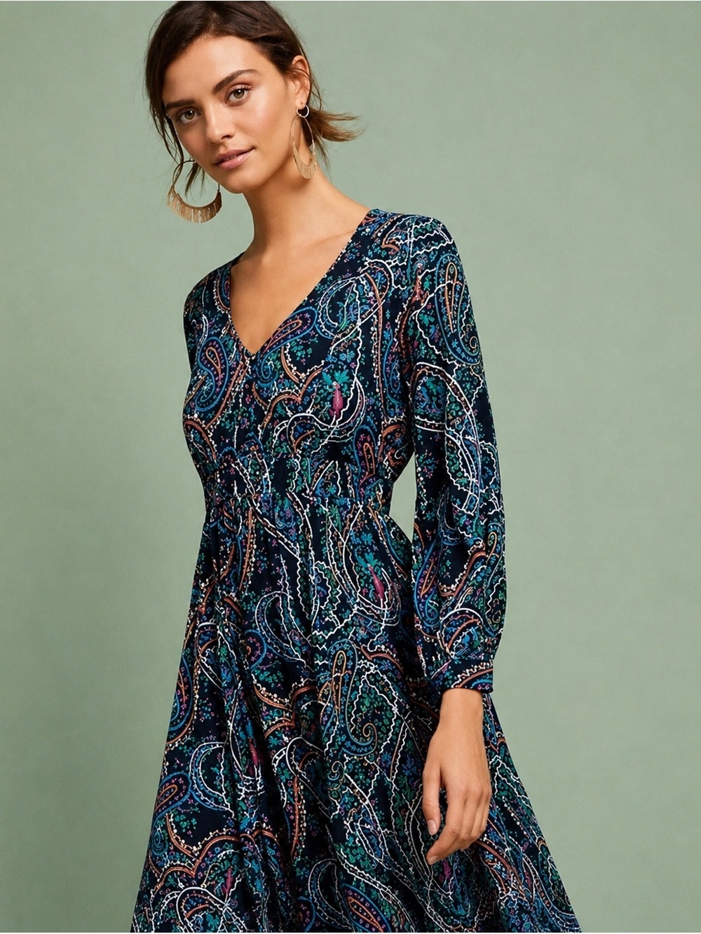 Anthropologie Maeve Maplewood neon paisley dress long sleeve | Sz M